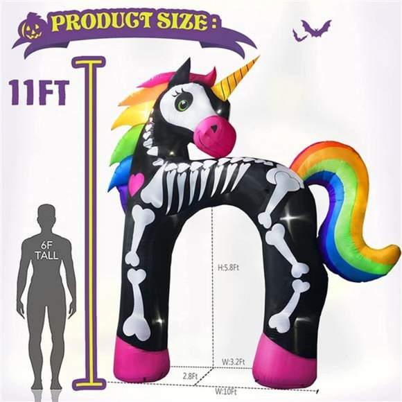 11 Ft Giant Halloween Inflatables Unicorn Arch Decorations Rainbow Skeleton - Picture 2 of 6